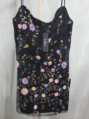 NWT Lulus Shimmering Beauty Black Mesh Sequin Bustier Mini Dress Medium ✨
